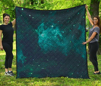 Dark Teal Galaxy Space Print Quilt