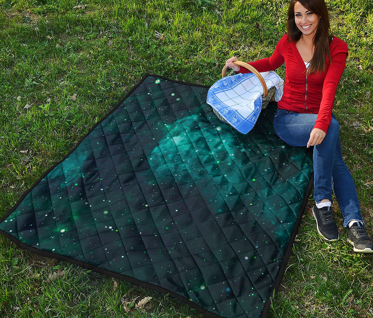 Dark Teal Galaxy Space Print Quilt