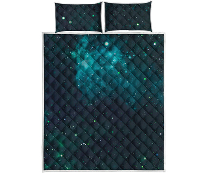 Dark Teal Galaxy Space Print Quilt Bed Set