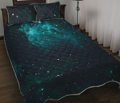 Dark Teal Galaxy Space Print Quilt Bed Set