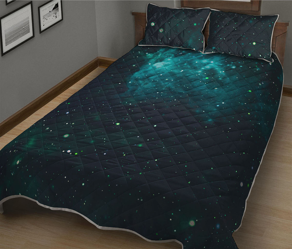 Dark Teal Galaxy Space Print Quilt Bed Set