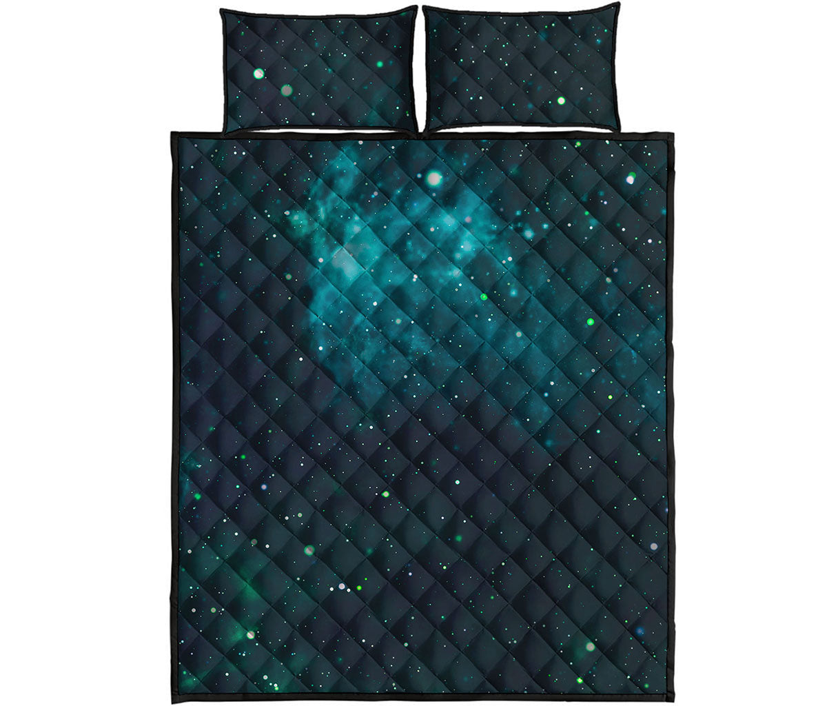 Dark Teal Galaxy Space Print Quilt Bed Set