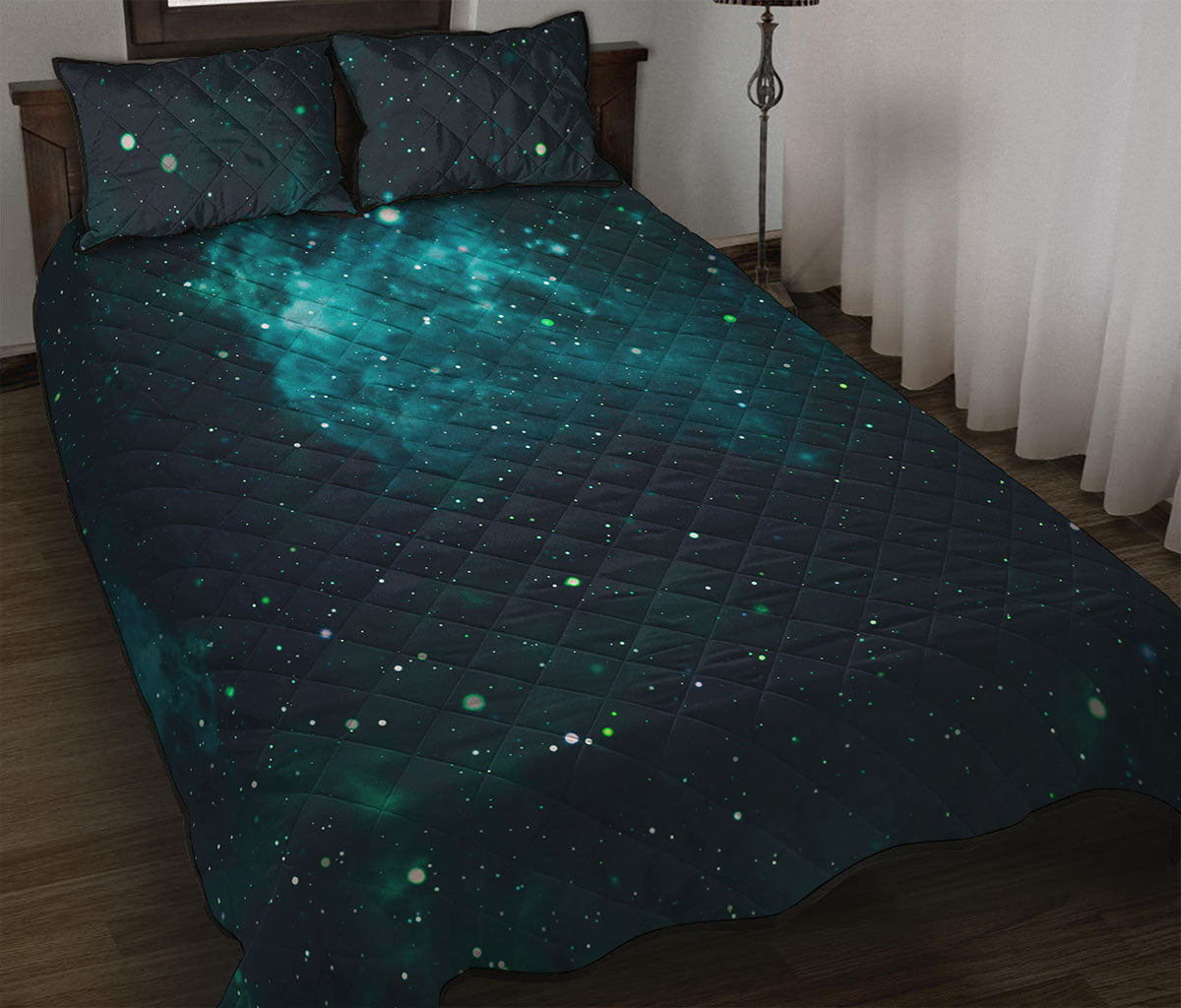 Dark Teal Galaxy Space Print Quilt Bed Set