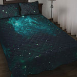Dark Teal Galaxy Space Print Quilt Bed Set