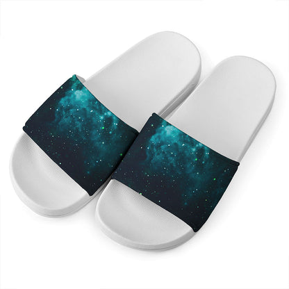 Dark Teal Galaxy Space Print White Slide Sandals