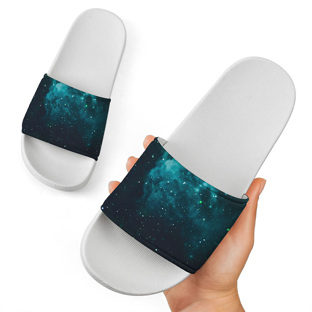 Dark Teal Galaxy Space Print White Slide Sandals