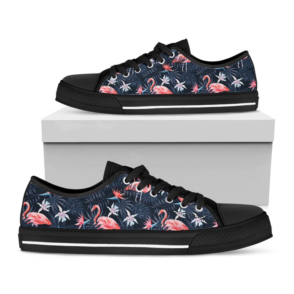 Dark Tropical Flamingo Pattern Print Black Low Top Shoes