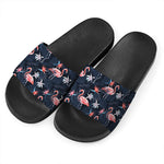 Dark Tropical Flamingo Pattern Print Black Slide Sandals