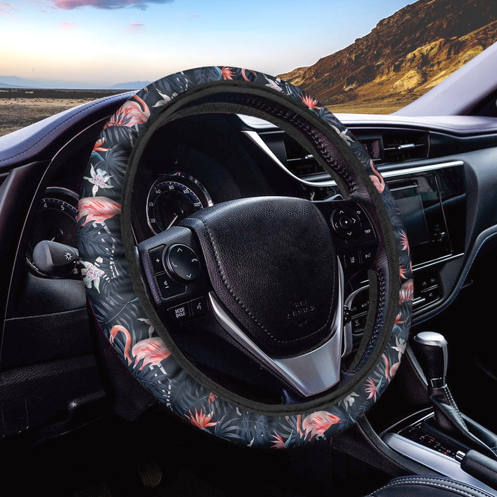 Dark Tropical Flamingo Pattern Print Car Steering Wheel Cover