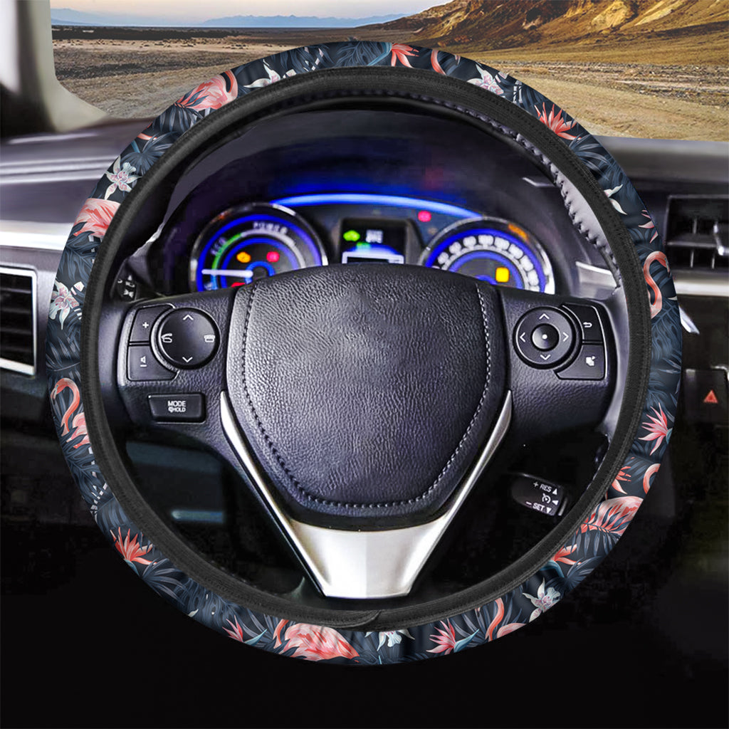 Dark Tropical Flamingo Pattern Print Car Steering Wheel Cover
