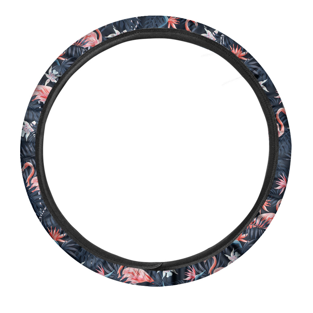 Dark Tropical Flamingo Pattern Print Car Steering Wheel Cover