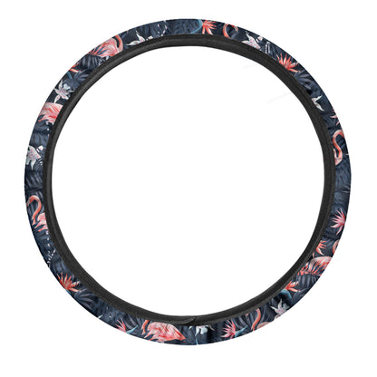 Dark Tropical Flamingo Pattern Print Car Steering Wheel Cover