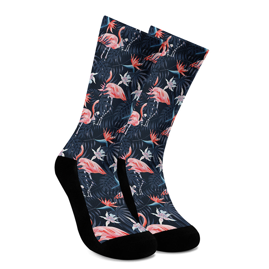 Dark Tropical Flamingo Pattern Print Crew Socks