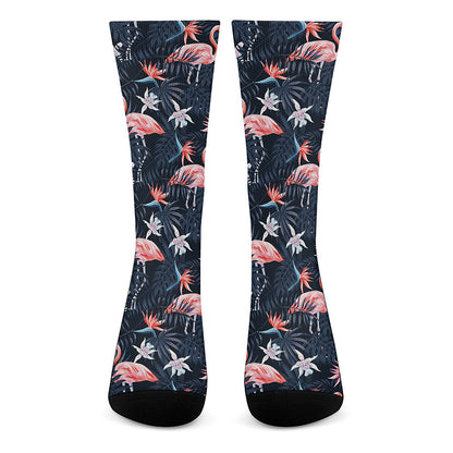 Dark Tropical Flamingo Pattern Print Crew Socks