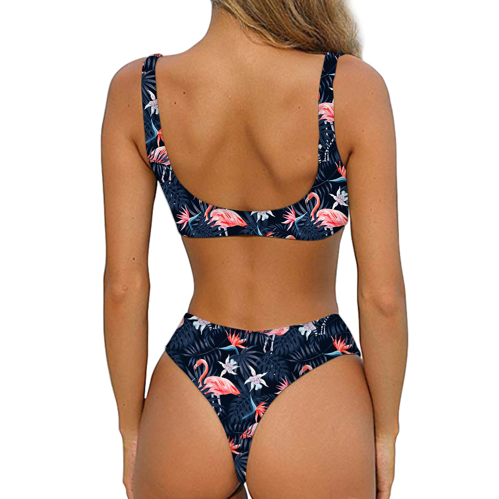 Dark Tropical Flamingo Pattern Print Front Bow Tie Bikini