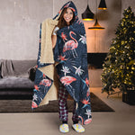 Dark Tropical Flamingo Pattern Print Hooded Blanket