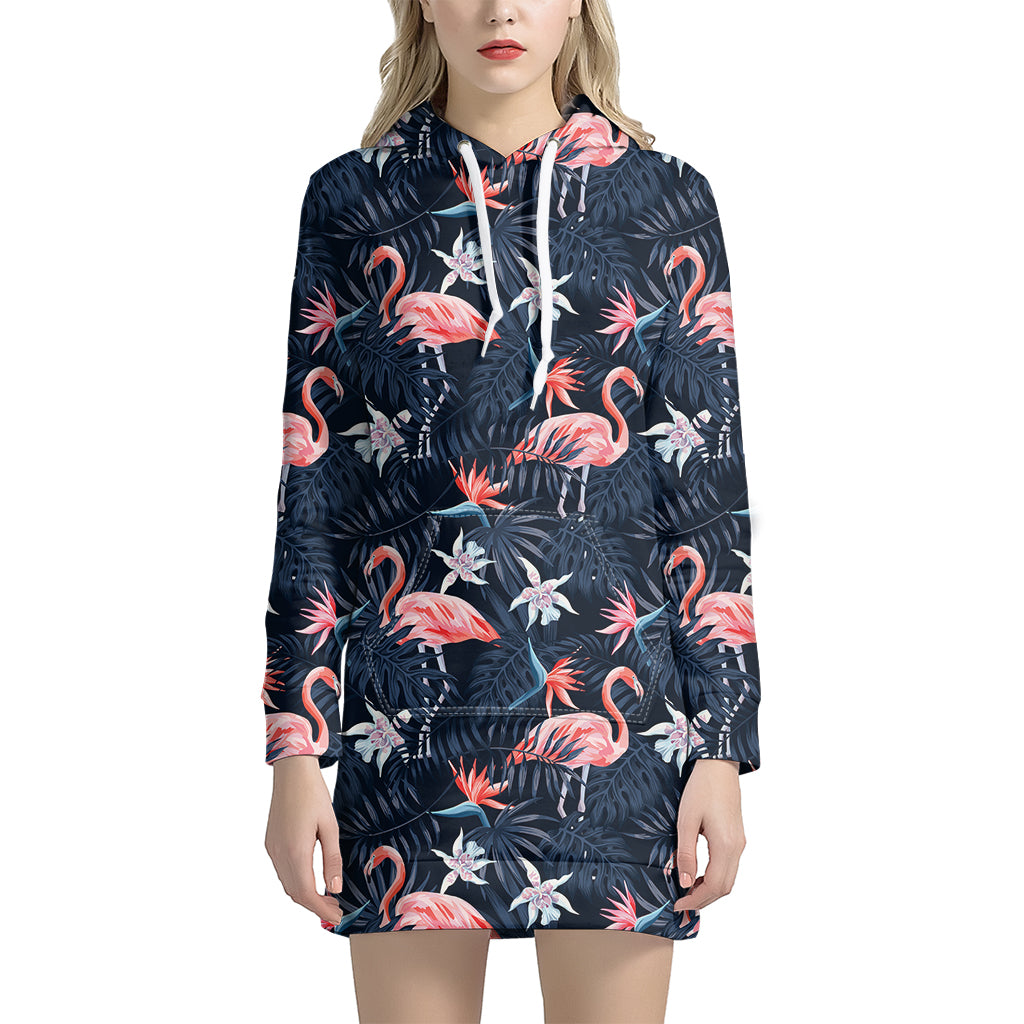 Dark Tropical Flamingo Pattern Print Hoodie Dress