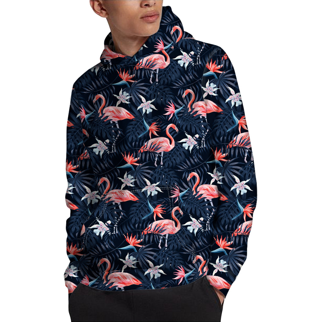 Dark Tropical Flamingo Pattern Print Pullover Hoodie