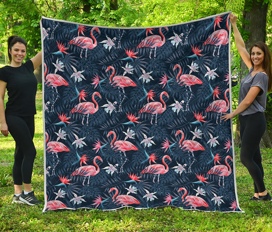 Dark Tropical Flamingo Pattern Print Quilt