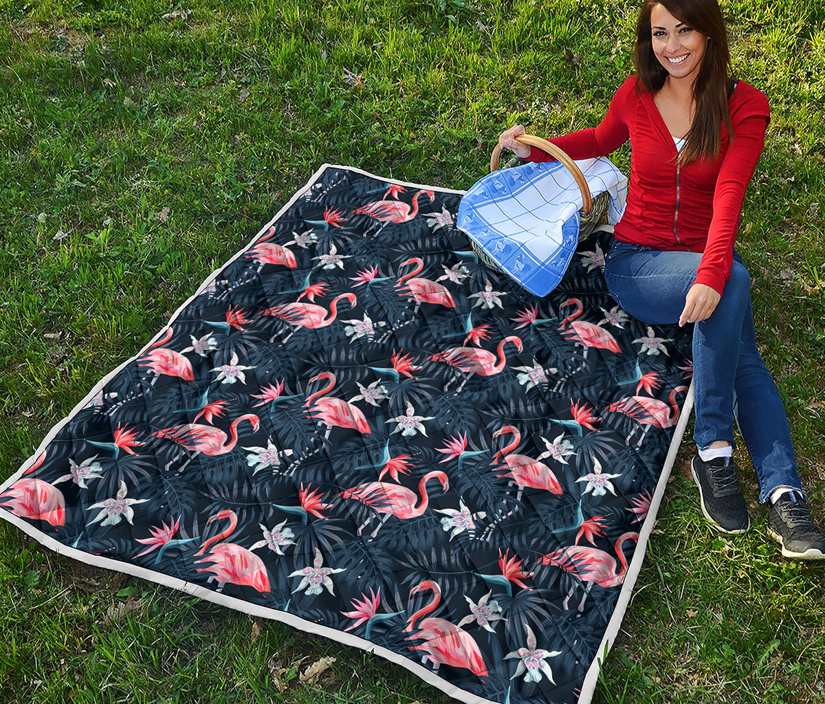 Dark Tropical Flamingo Pattern Print Quilt