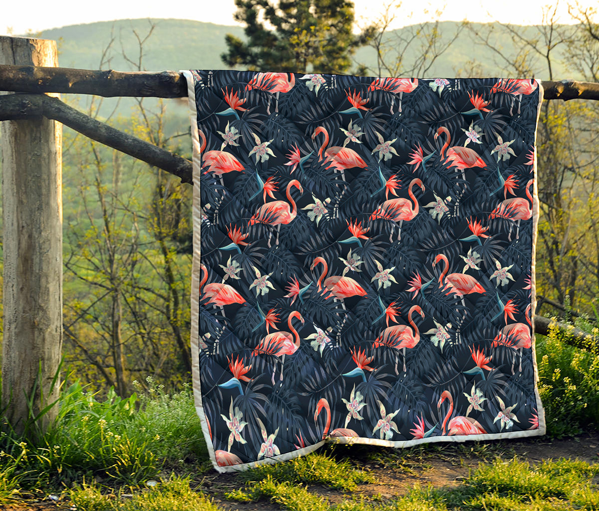 Dark Tropical Flamingo Pattern Print Quilt