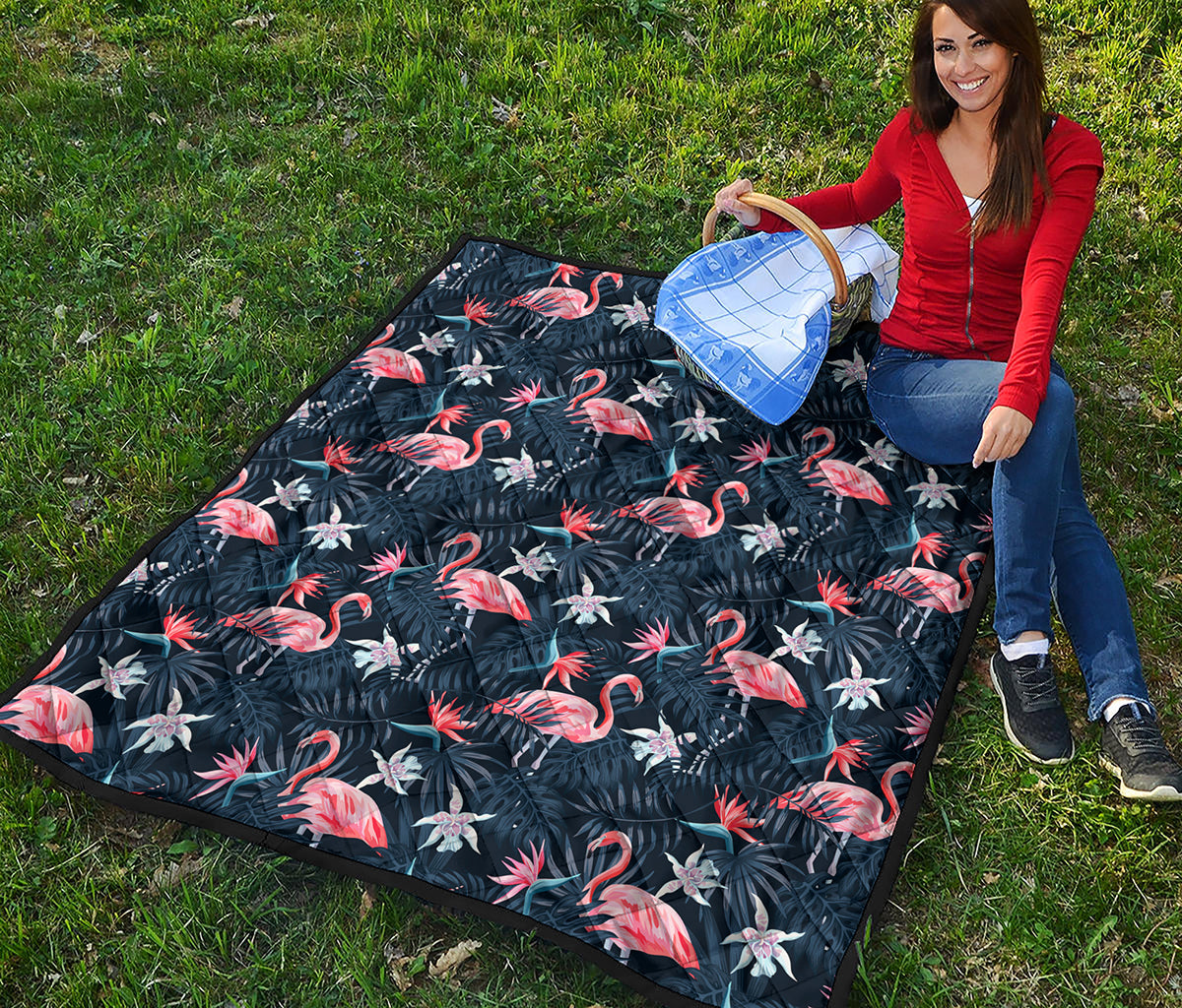 Dark Tropical Flamingo Pattern Print Quilt