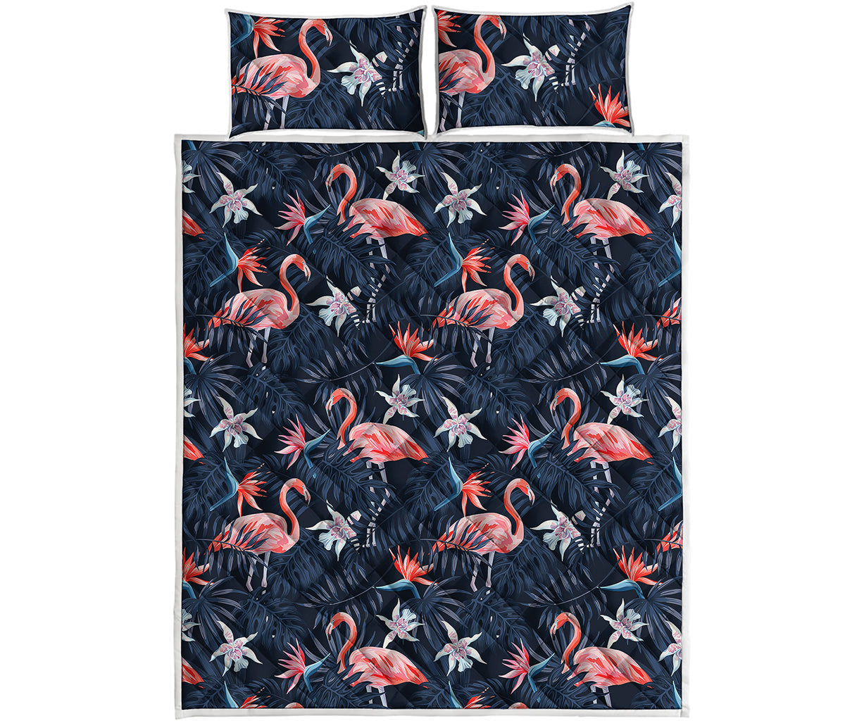 Dark Tropical Flamingo Pattern Print Quilt Bed Set
