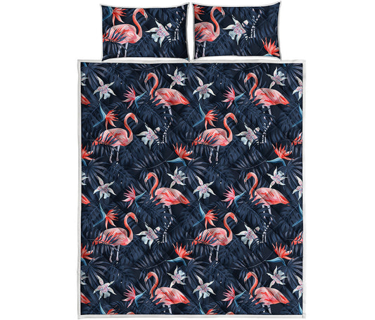 Dark Tropical Flamingo Pattern Print Quilt Bed Set