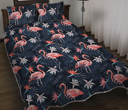 Dark Tropical Flamingo Pattern Print Quilt Bed Set
