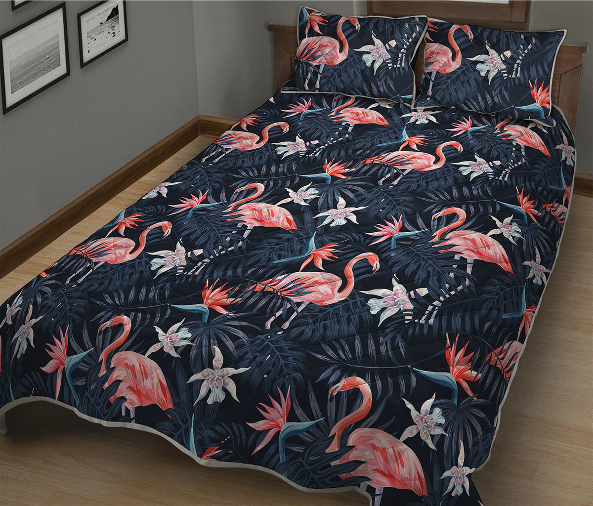 Dark Tropical Flamingo Pattern Print Quilt Bed Set