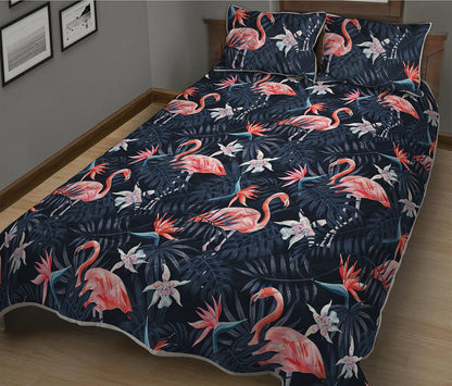 Dark Tropical Flamingo Pattern Print Quilt Bed Set