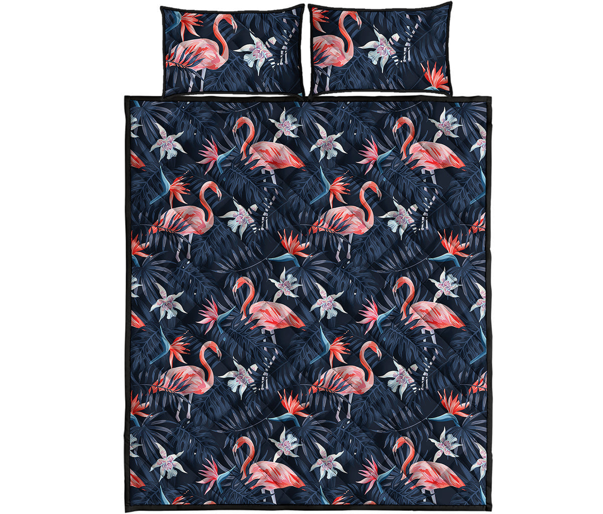 Dark Tropical Flamingo Pattern Print Quilt Bed Set