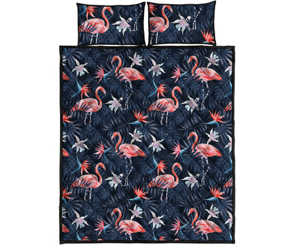 Dark Tropical Flamingo Pattern Print Quilt Bed Set