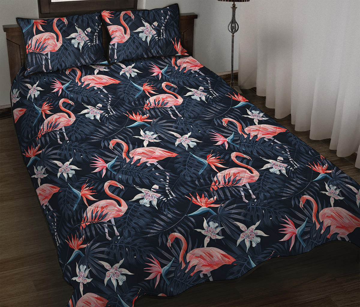 Dark Tropical Flamingo Pattern Print Quilt Bed Set