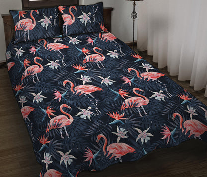 Dark Tropical Flamingo Pattern Print Quilt Bed Set