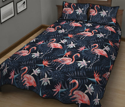 Dark Tropical Flamingo Pattern Print Quilt Bed Set