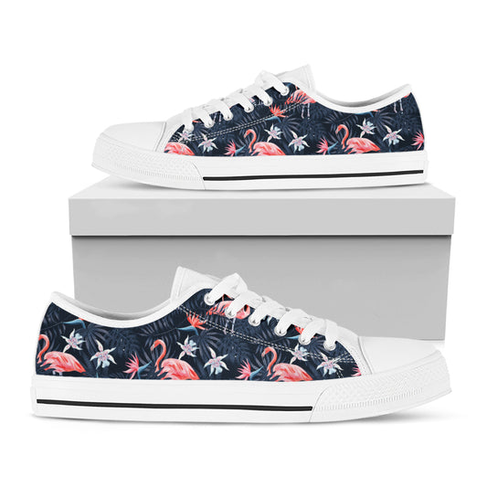 Dark Tropical Flamingo Pattern Print White Low Top Shoes