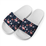 Dark Tropical Flamingo Pattern Print White Slide Sandals