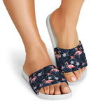 Dark Tropical Flamingo Pattern Print White Slide Sandals