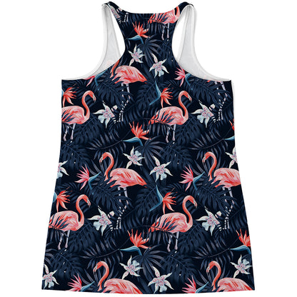 Dark Tropical Flamingo Pattern Print Women's Racerback Tank Top