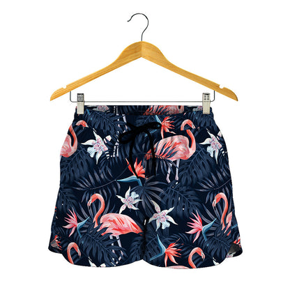 Dark Tropical Flamingo Pattern Print Women's Shorts