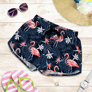 Dark Tropical Flamingo Pattern Print Women's Shorts