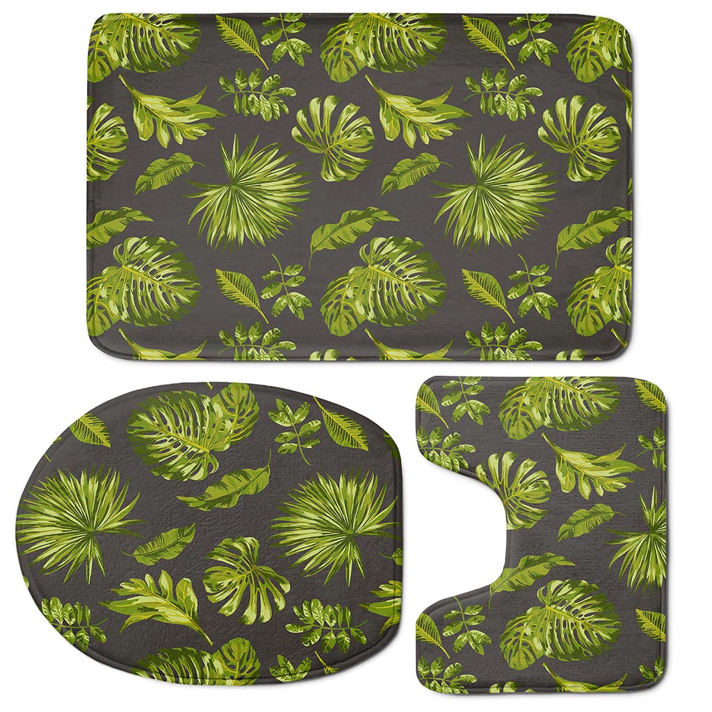 Dark Tropical Leaf Pattern Print 3 Piece Bath Mat Set