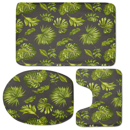 Dark Tropical Leaf Pattern Print 3 Piece Bath Mat Set