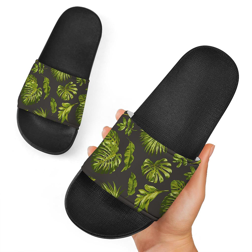 Dark Tropical Leaf Pattern Print Black Slide Sandals