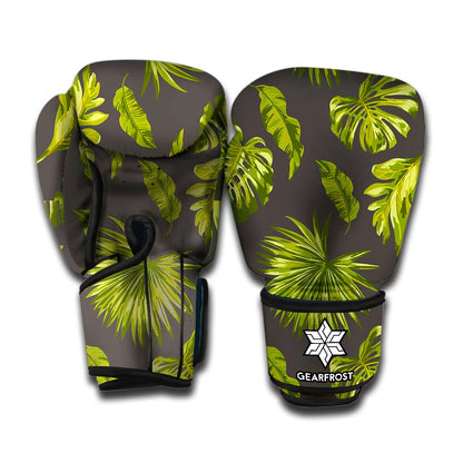 Dark Tropical Leaf Pattern Print Boxing Gloves