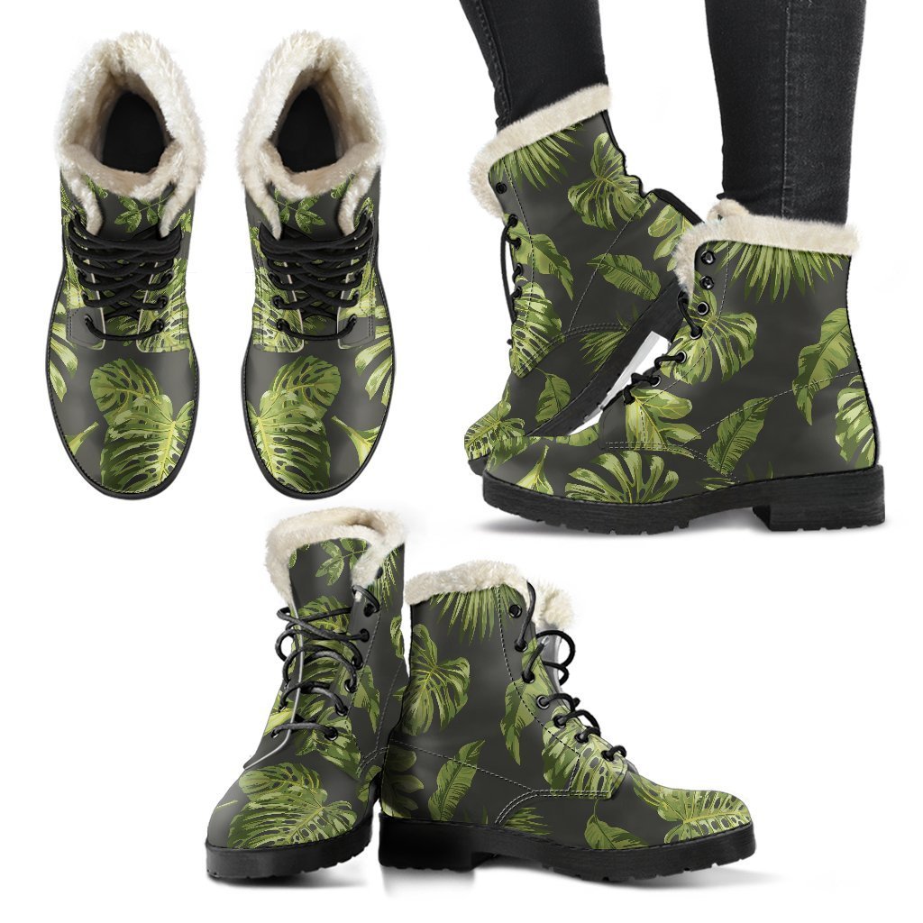 Dark Tropical Leaf Pattern Print Comfy Boots GearFrost