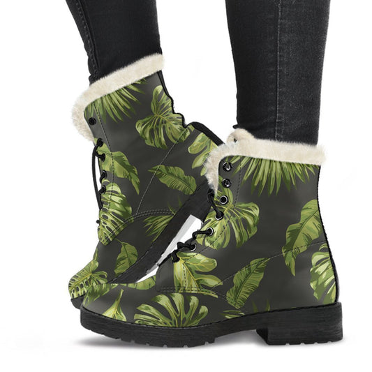 Dark Tropical Leaf Pattern Print Comfy Boots GearFrost