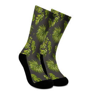 Dark Tropical Leaf Pattern Print Crew Socks