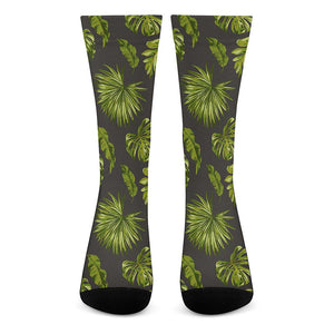 Dark Tropical Leaf Pattern Print Crew Socks